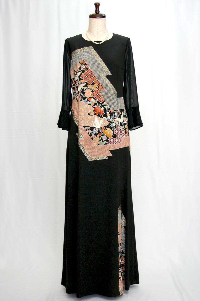 正絹　未使用留袖反物からロングドレスＬ THD7-01◇ロング◇留袖ドレスレンタル 7-9号 (身長168-178バスト